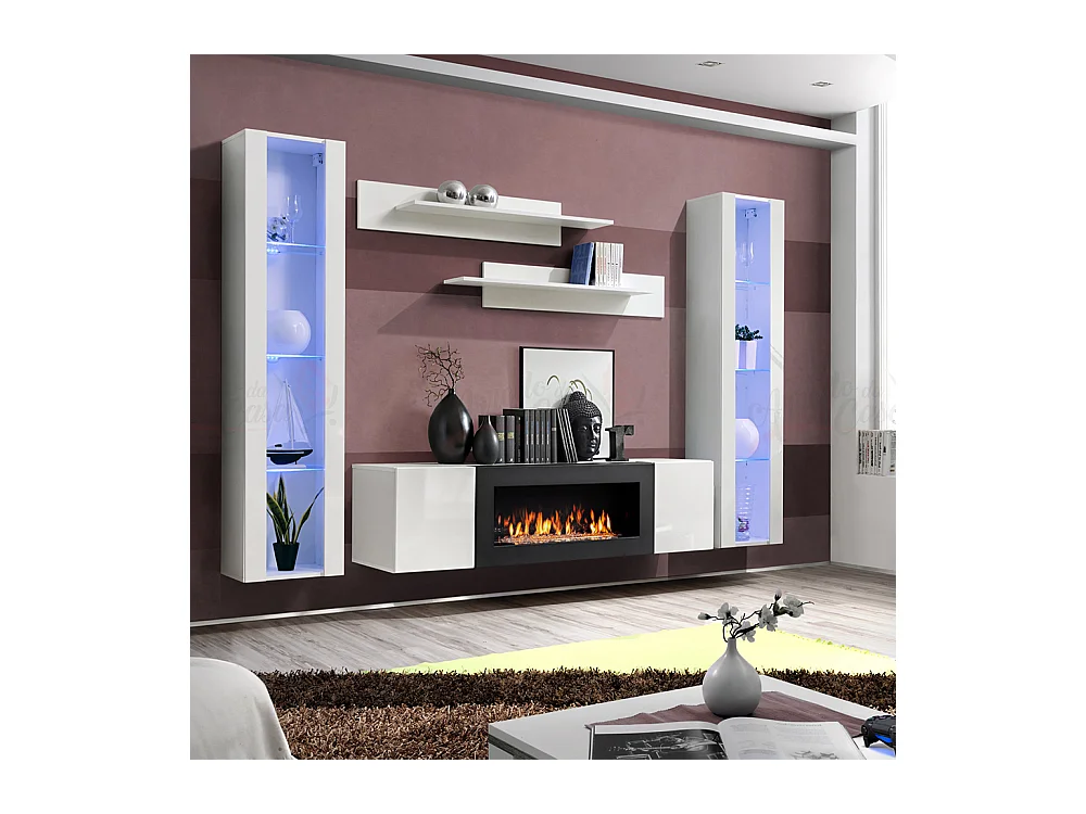 Parete attrezzata soggiorno moderna con biocamino e vetrine 260x170 bianco PAP109