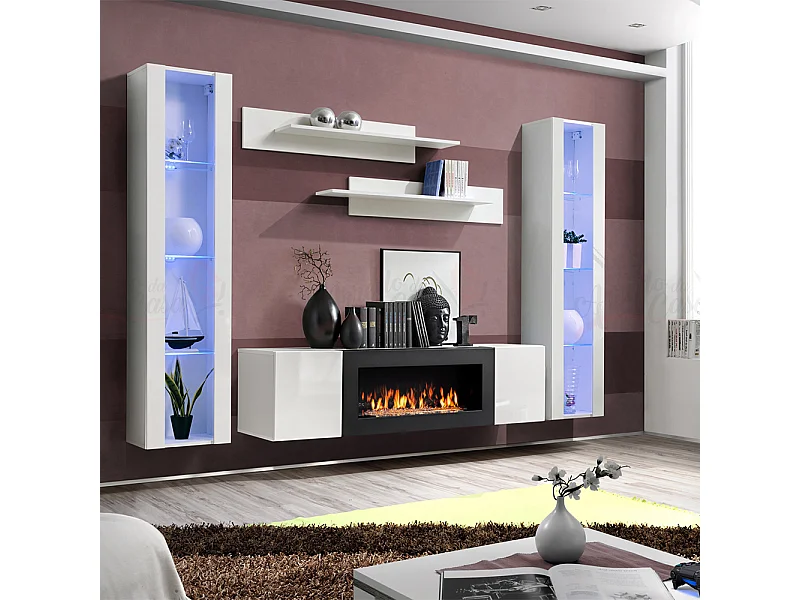 Parete attrezzata soggiorno moderna con biocamino e vetrine 260x170 bianco PAP109