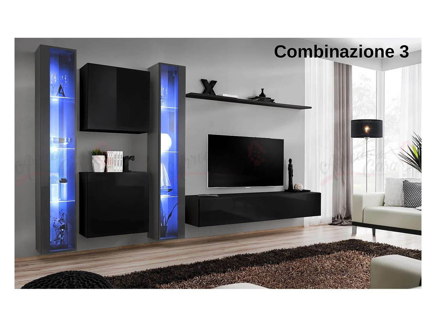 Parete attrezzata moderna da soggiorno con illuminazione led 330x180 grigio e nero PAP60