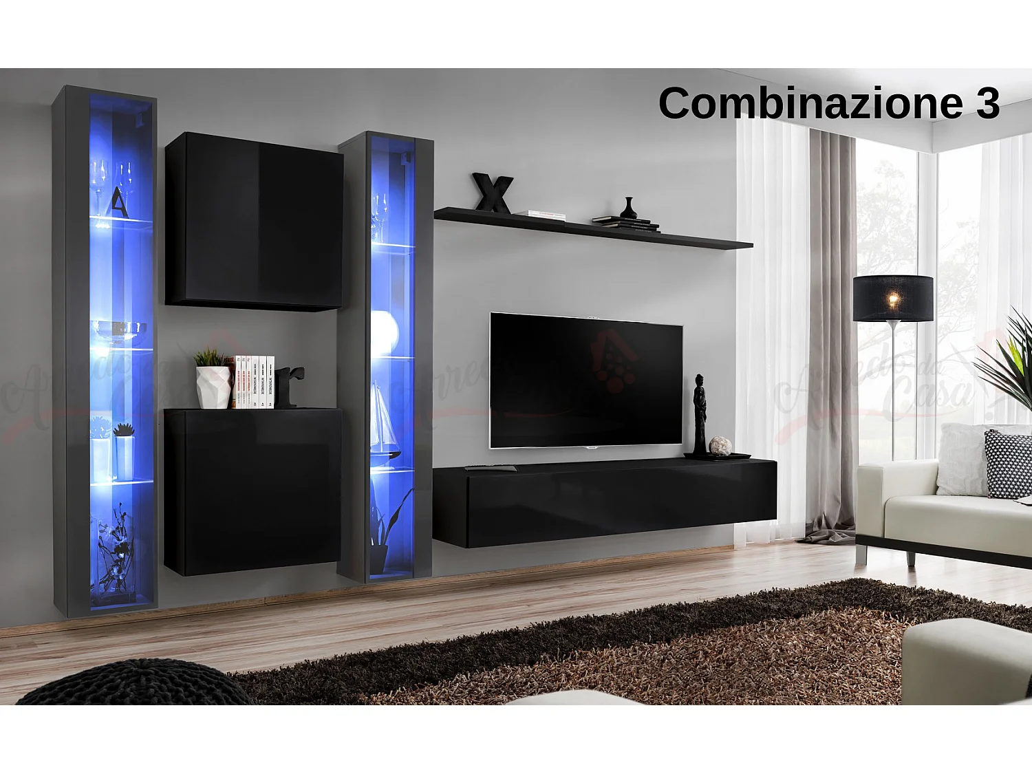 Parete attrezzata moderna da soggiorno con illuminazione led 330x180 grigio e nero PAP60