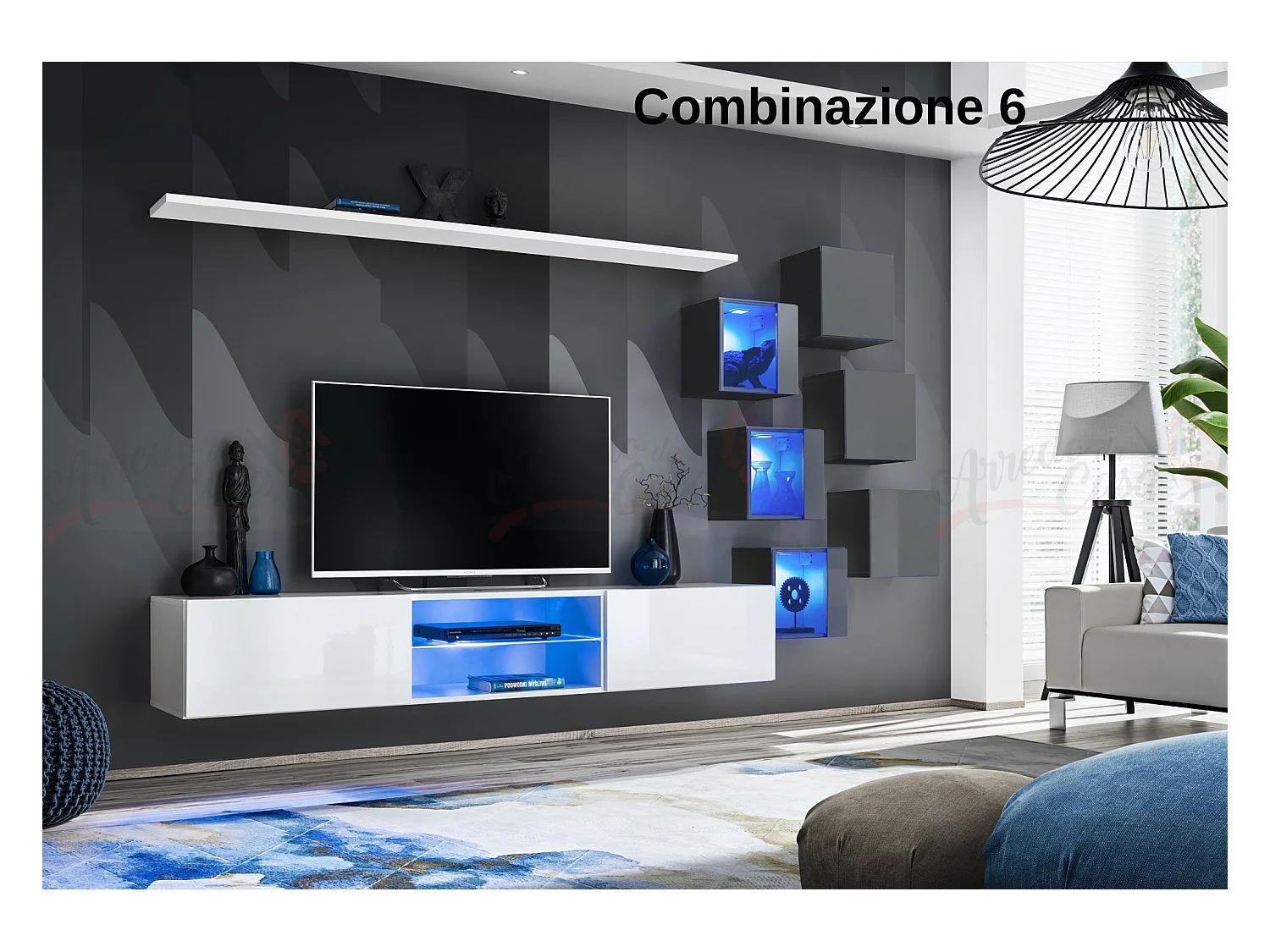 Parete attrezzata soggiorno con mobile TV sospeso 260x150 bianco e grigio PAP67