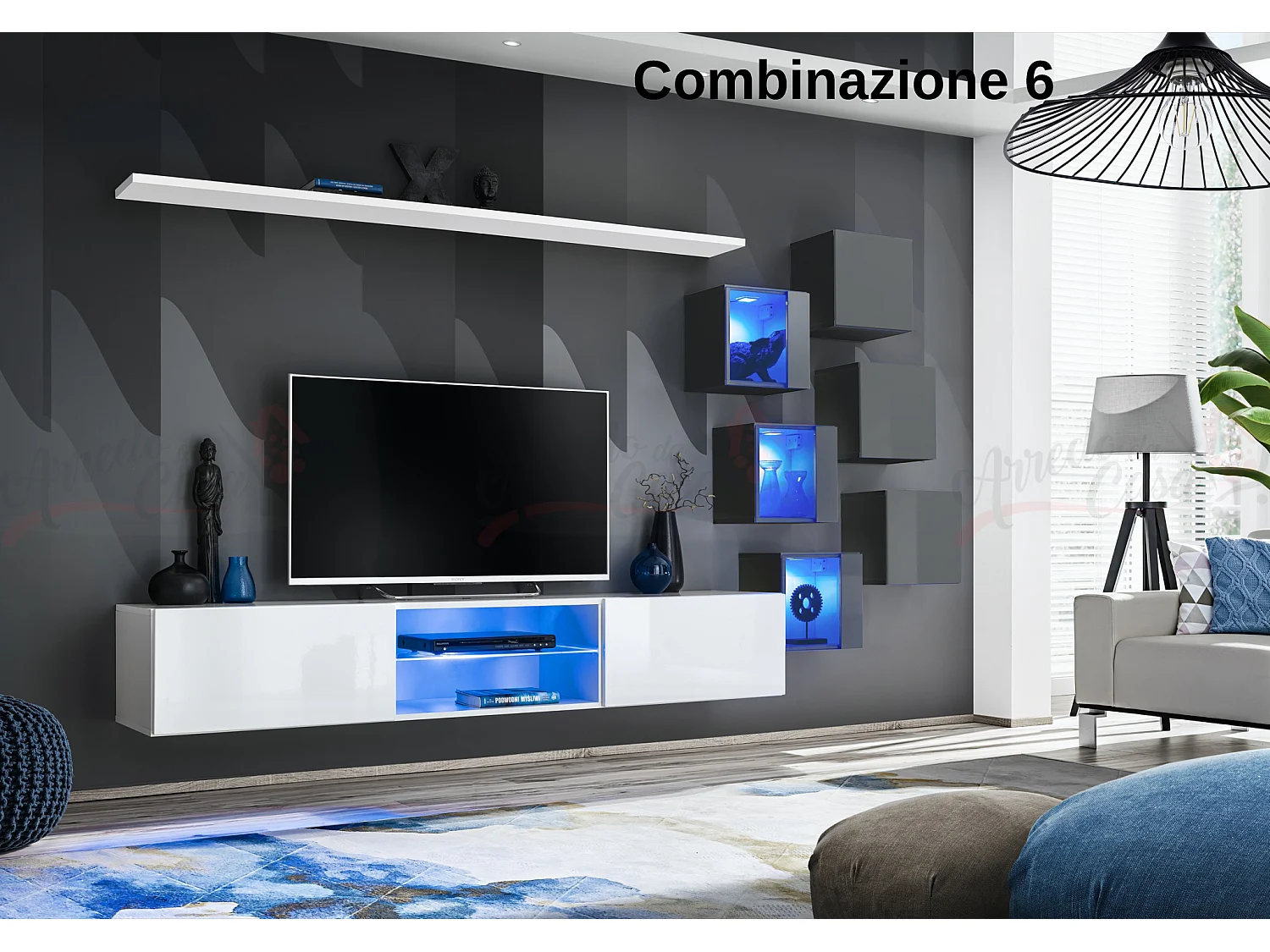 Parete attrezzata soggiorno con mobile TV sospeso 260x150 bianco e grigio PAP67