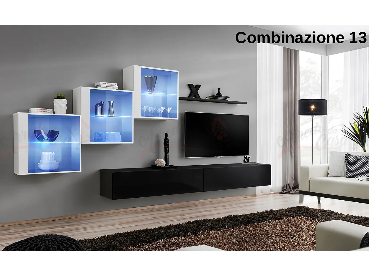 Parete attrezzata sospesa design contemporaneo con led 330x160 bianco e nero PAP65