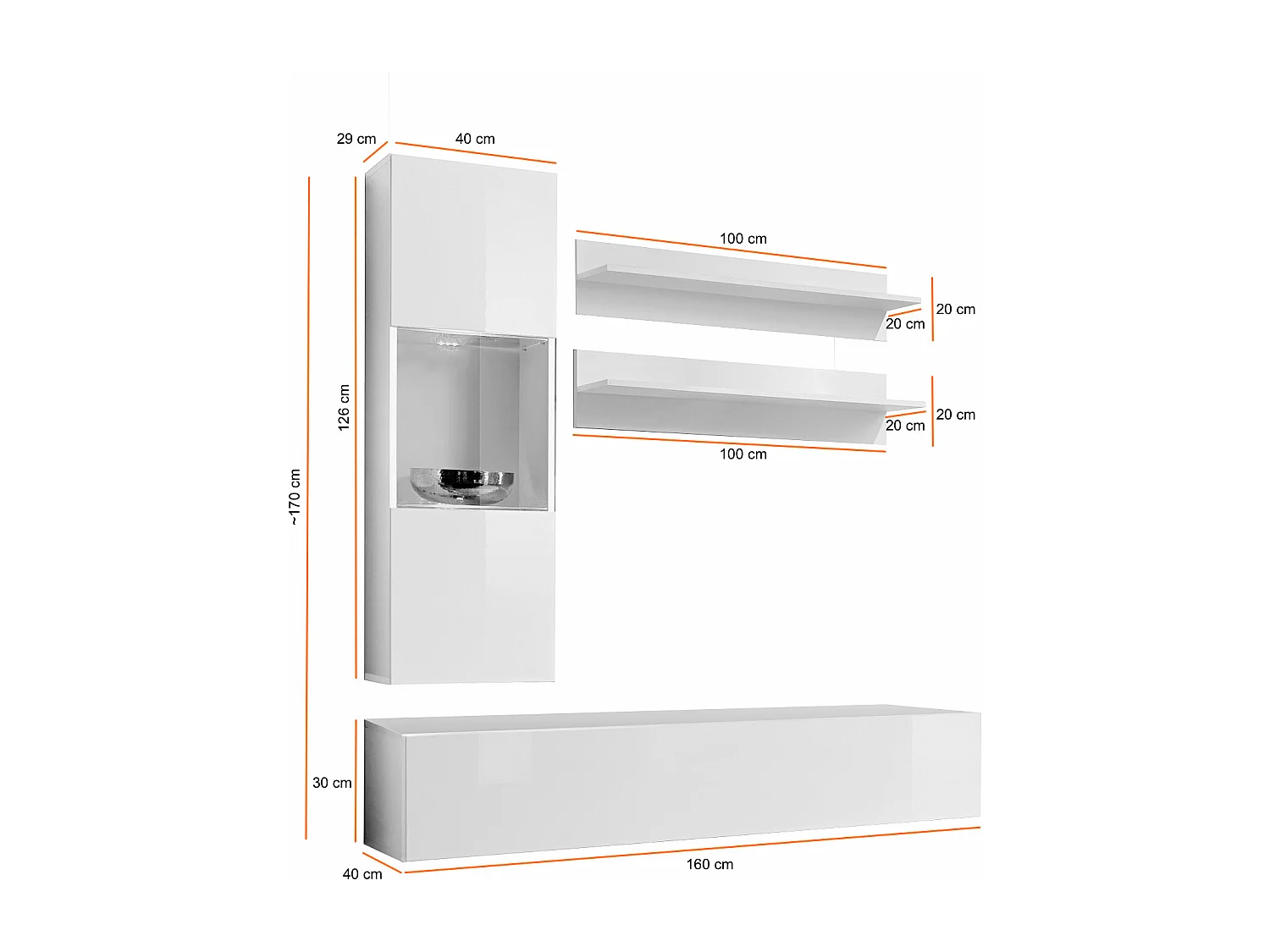 Parete attrezzata per soggiorno moderna con vetrina 160x190 bianco PAP101