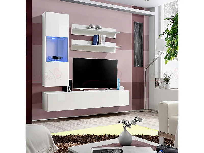 Parete attrezzata per soggiorno moderna con vetrina 160x190 bianco PAP101