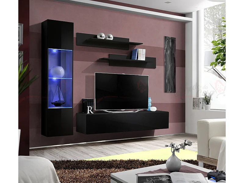 Parete attrezzata soggiorno con due mensole e vetrina illuminata 210x190 nero PAP98