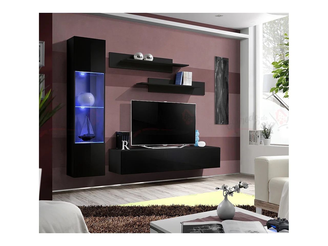 Parete attrezzata soggiorno con due mensole e vetrina illuminata 210x190 nero PAP98