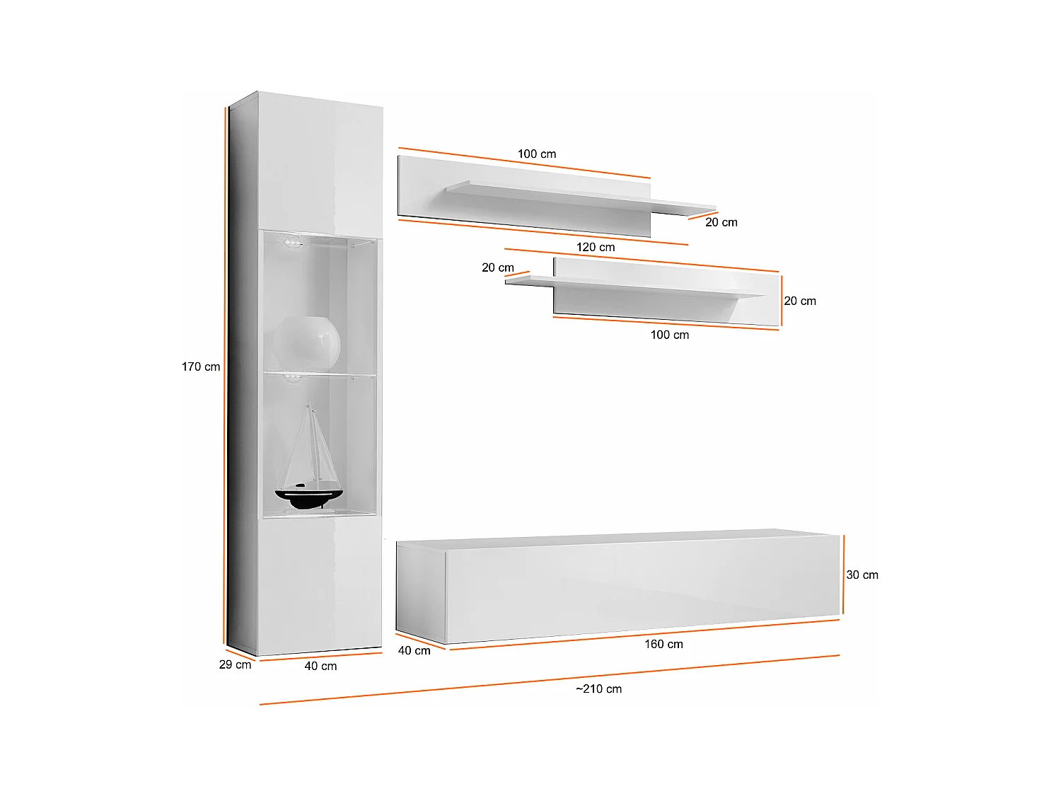 Parete attrezzata soggiorno con due mensole e vetrina illuminata 210x190 nero PAP98