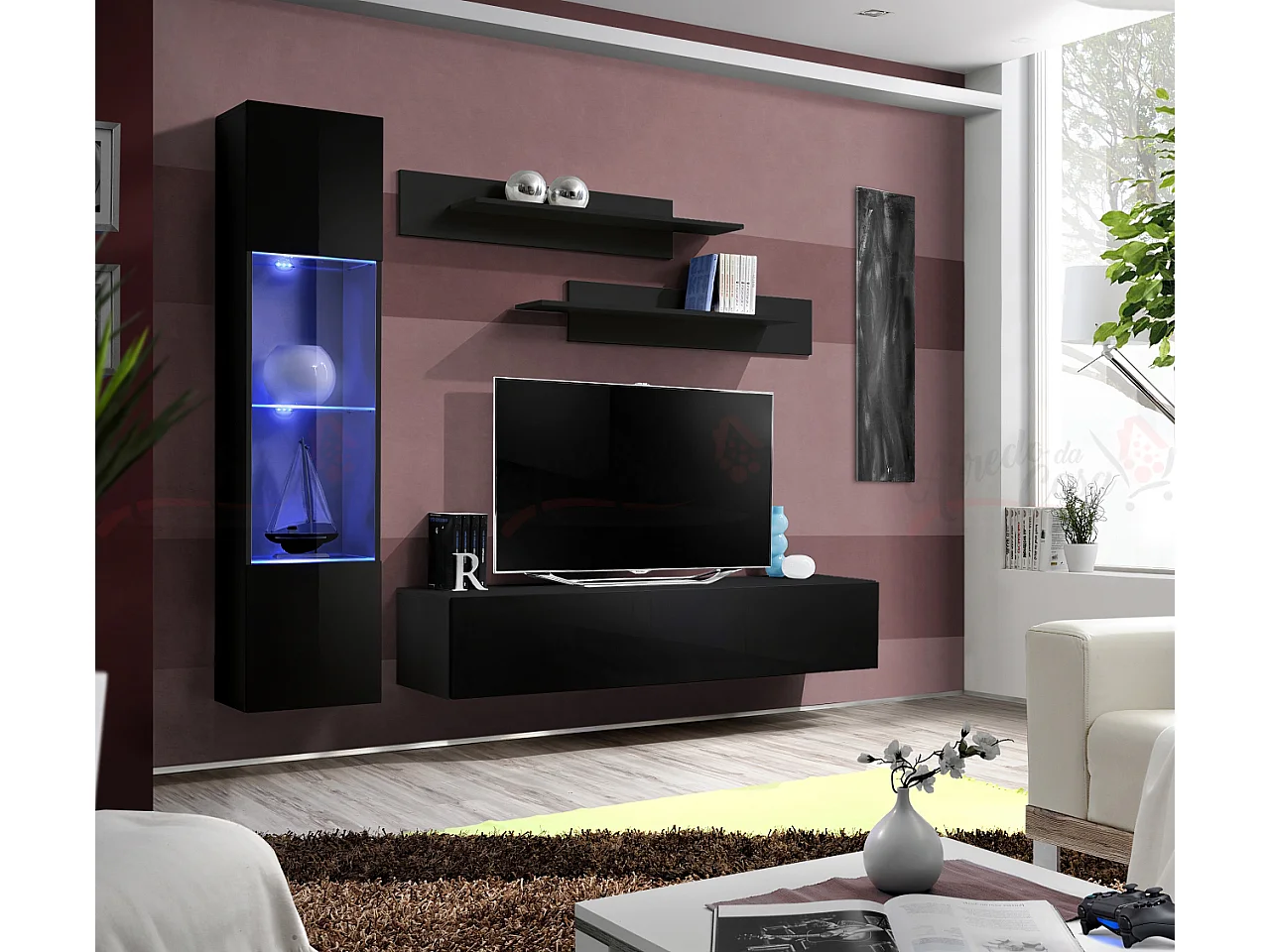 Parete attrezzata soggiorno con due mensole e vetrina illuminata 210x190 nero PAP98