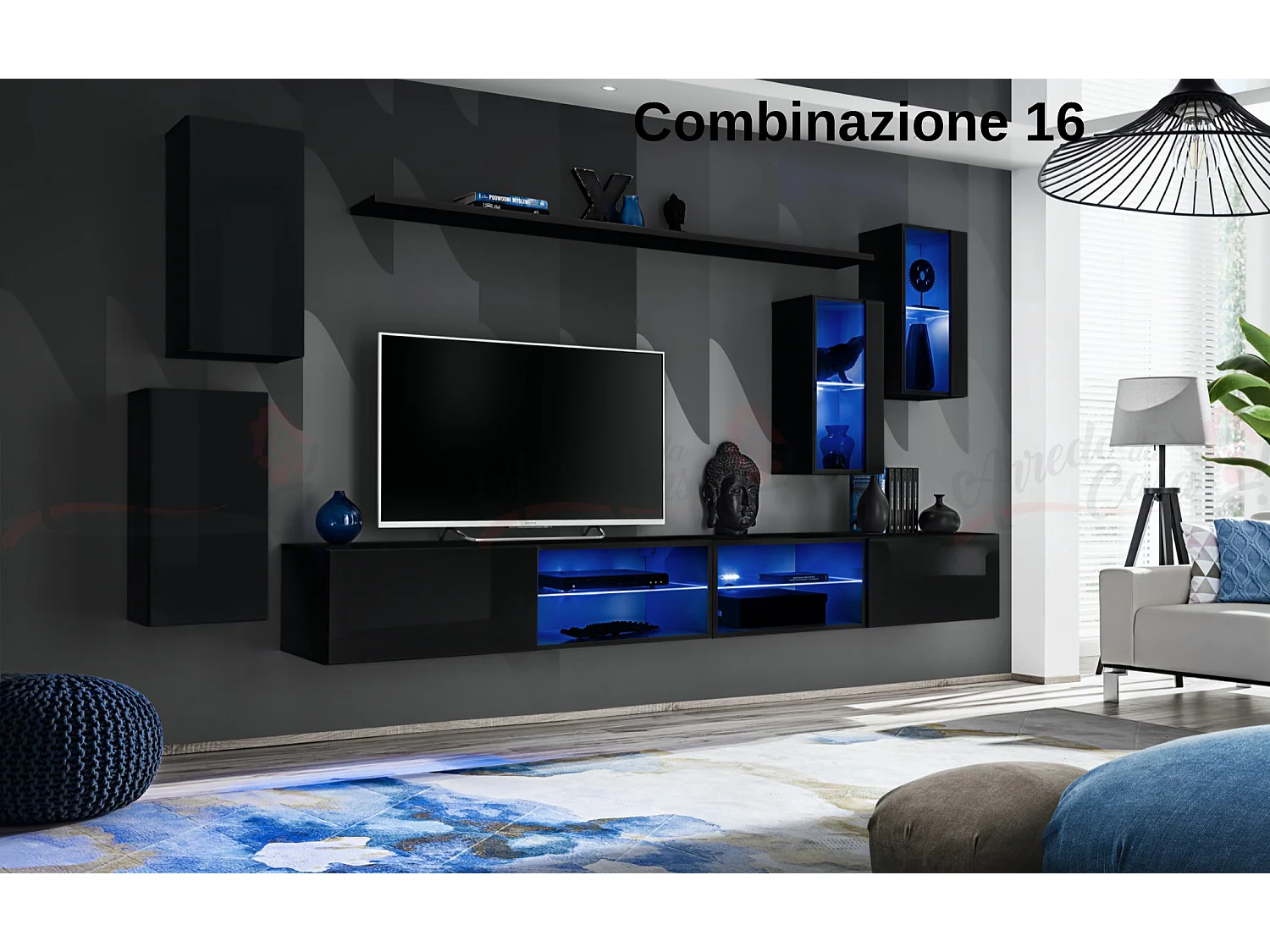 Parete attrezzata da soggiorno moderna con luci led 280x140 nero PAP71