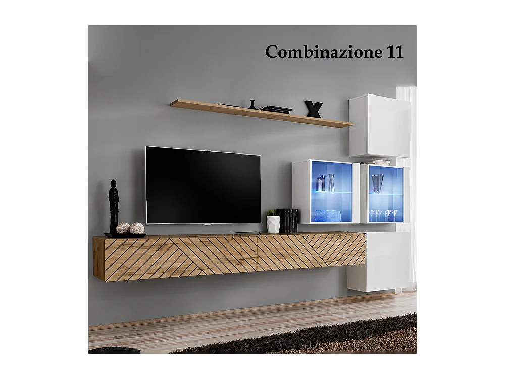 Parete attrezzata sospesa moderna con vetrinette 310x200 rovere e bianco PAP63