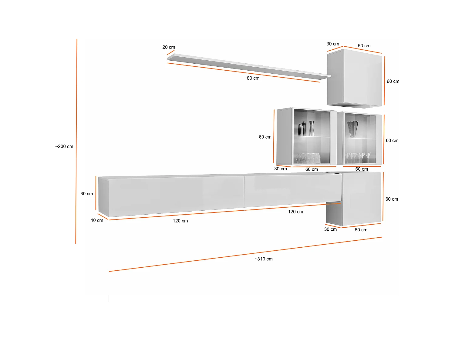 Parete attrezzata sospesa moderna con vetrinette 310x200 rovere e bianco PAP63