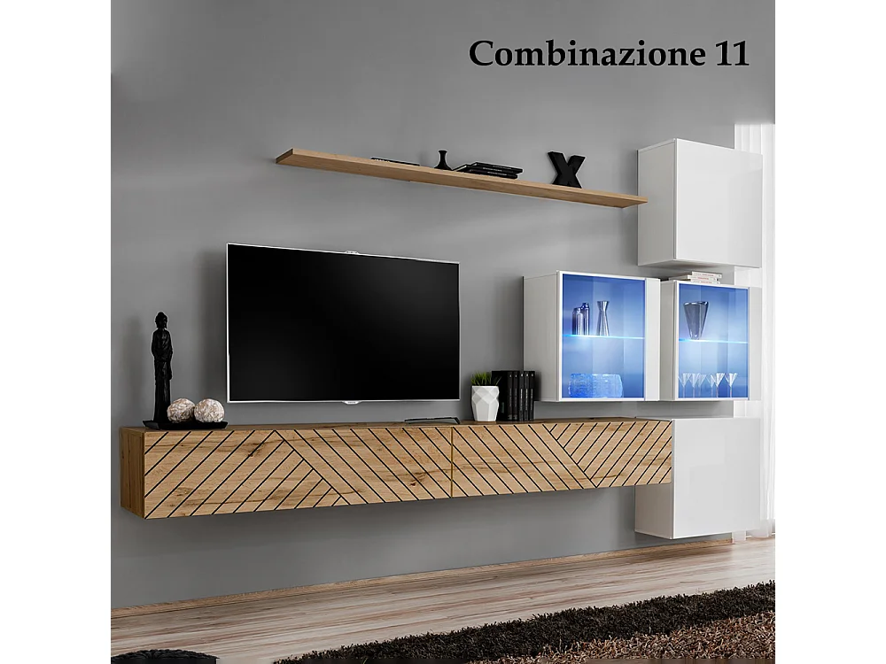 Parete attrezzata sospesa moderna con vetrinette 310x200 rovere e bianco PAP63