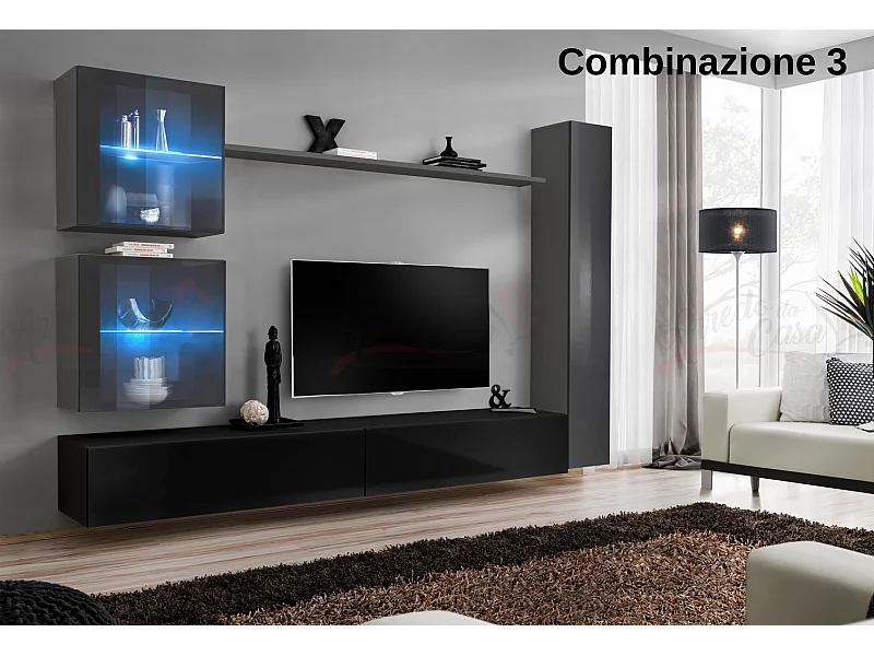 Parete attrezzata moderna per soggiorno con luci led 280x180 grigio e nero PAP62