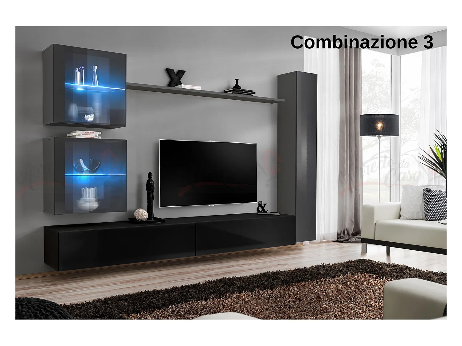 Parete attrezzata moderna per soggiorno con luci led 280x180 grigio e nero PAP62