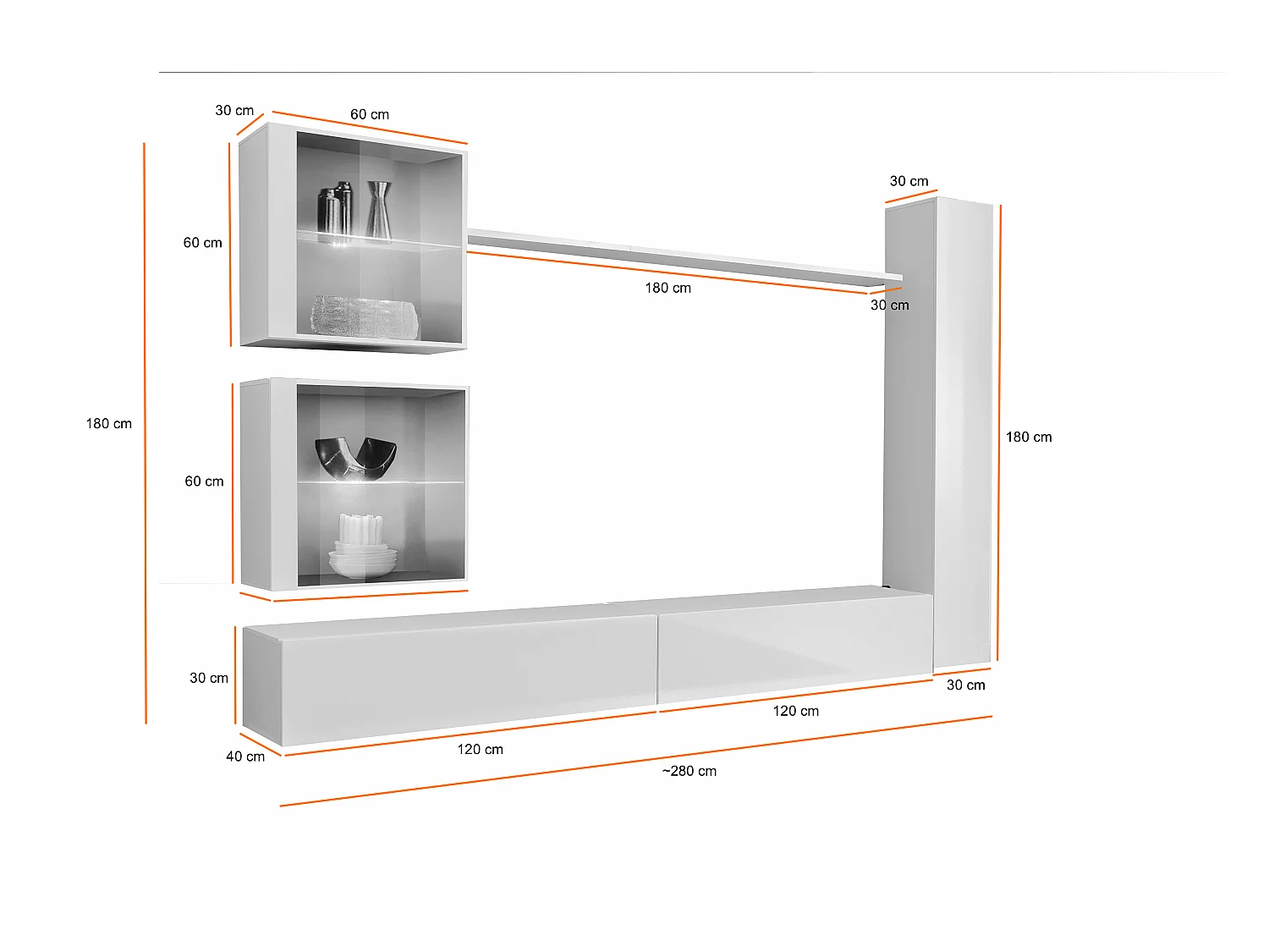 Parete attrezzata moderna per soggiorno con luci led 280x180 grigio e nero PAP62