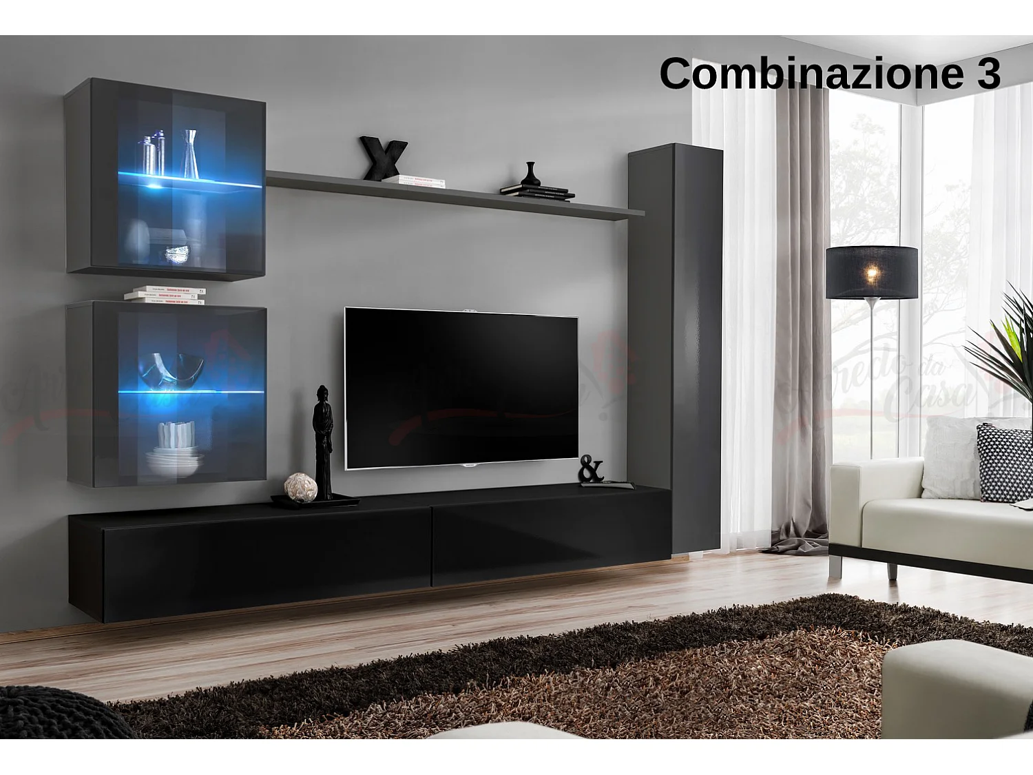 Parete attrezzata moderna per soggiorno con luci led 280x180 grigio e nero PAP62