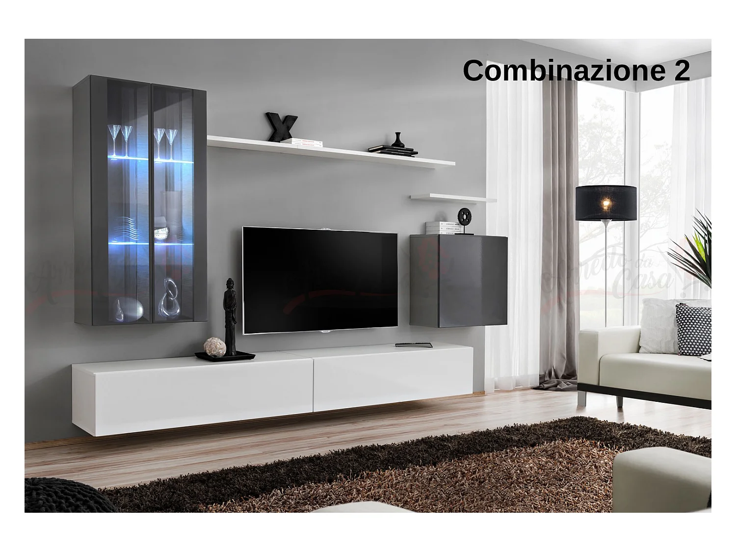 Parete attrezzata per soggiorno con luci LED 270x160 grigio e bianco PAP56