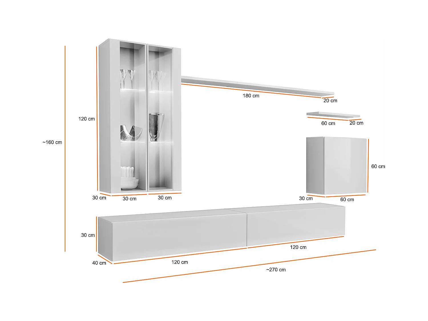 Parete attrezzata per soggiorno con luci LED 270x160 grigio e bianco PAP56