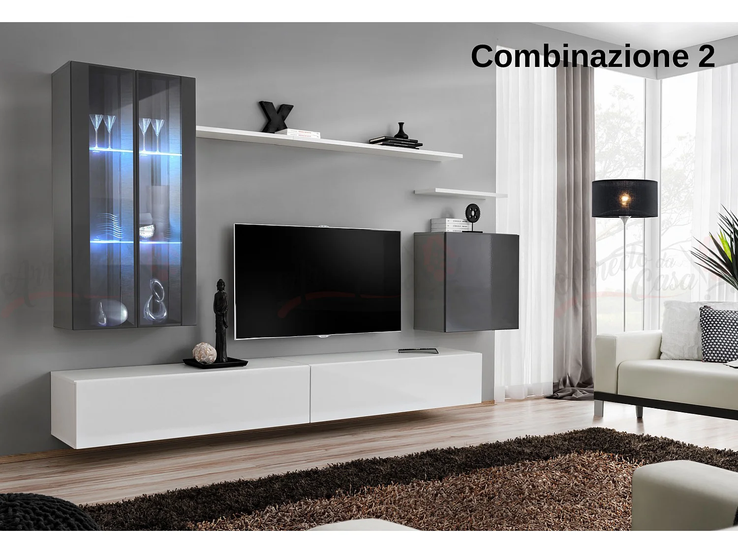 Parete attrezzata per soggiorno con luci LED 270x160 grigio e bianco PAP56