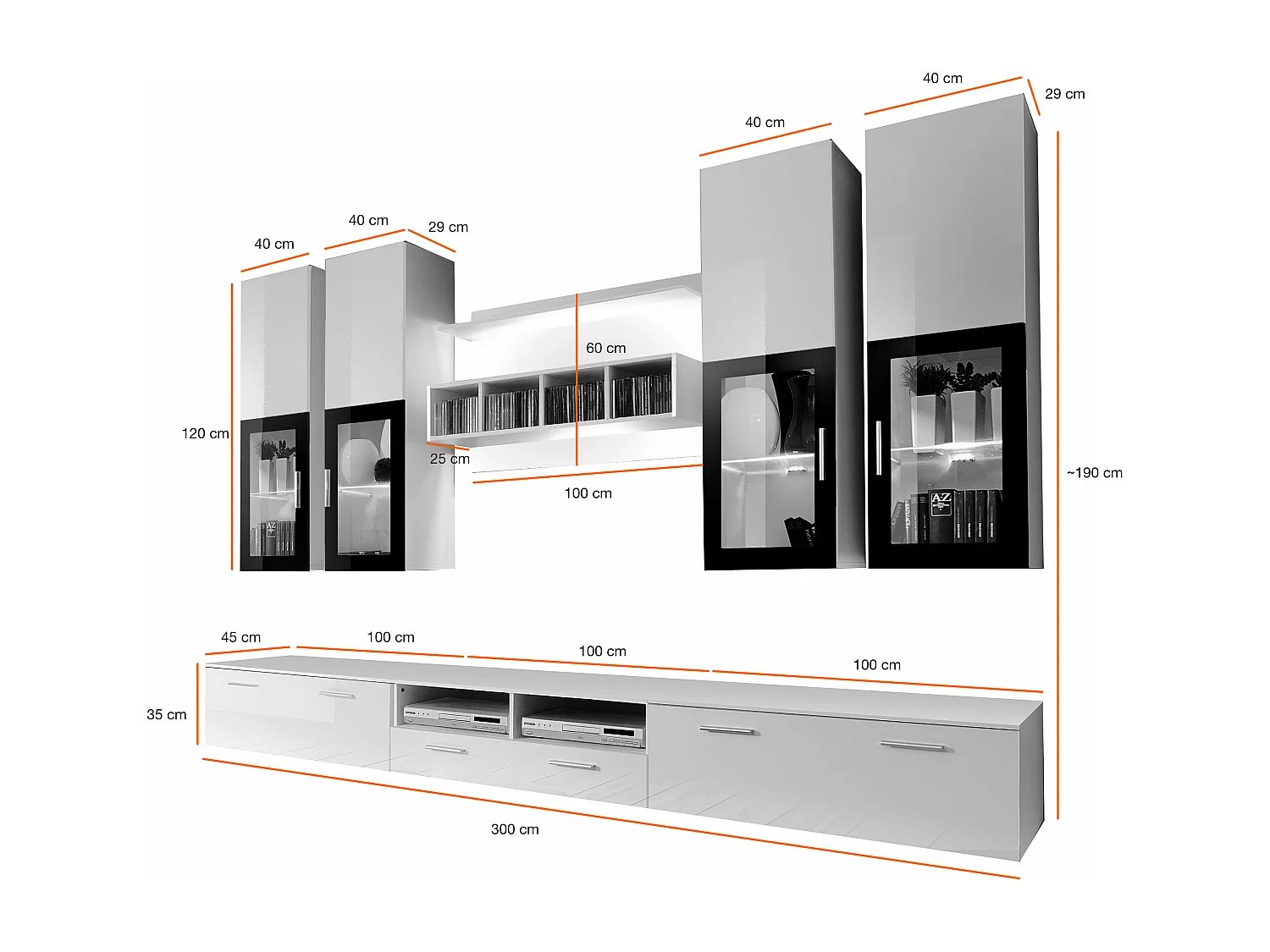 Parete attrezzata soggiorno con vetrine sospese e led 300x190 nero e nero lucido PAP24