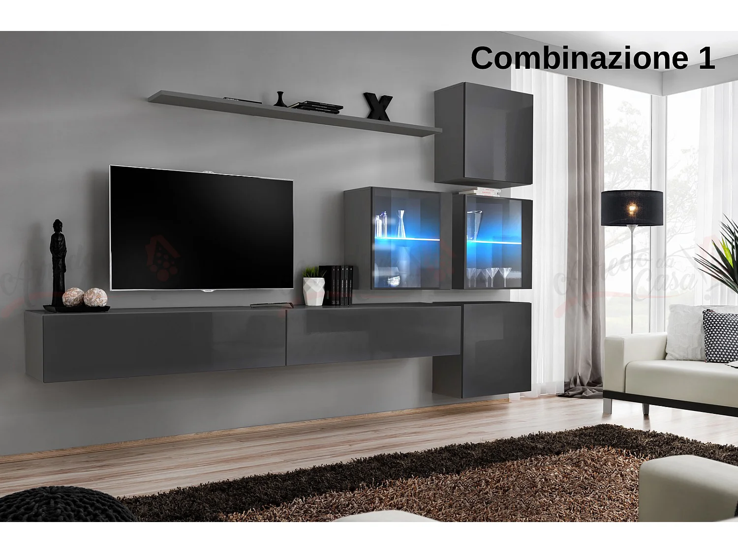 Parete attrezzata sospesa moderna con vetrinette 310x200 grigio PAP63