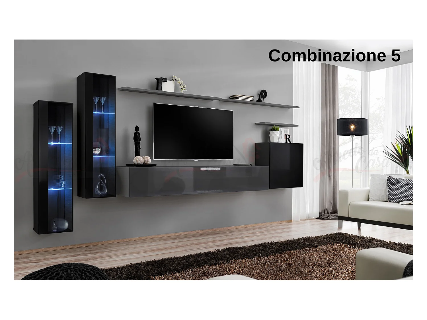 Parete attrezzata per soggiorno stile moderno 330x160 nero e grigio PAP55