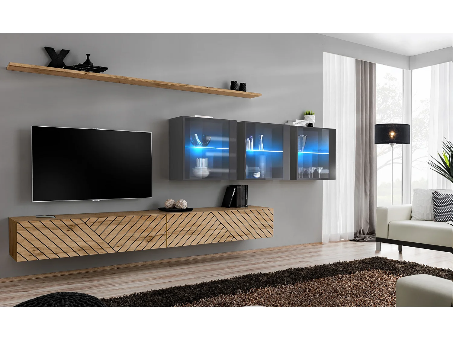 Parete attrezzata design moderno con vetrina 340x150 rovere e grigio PAP61