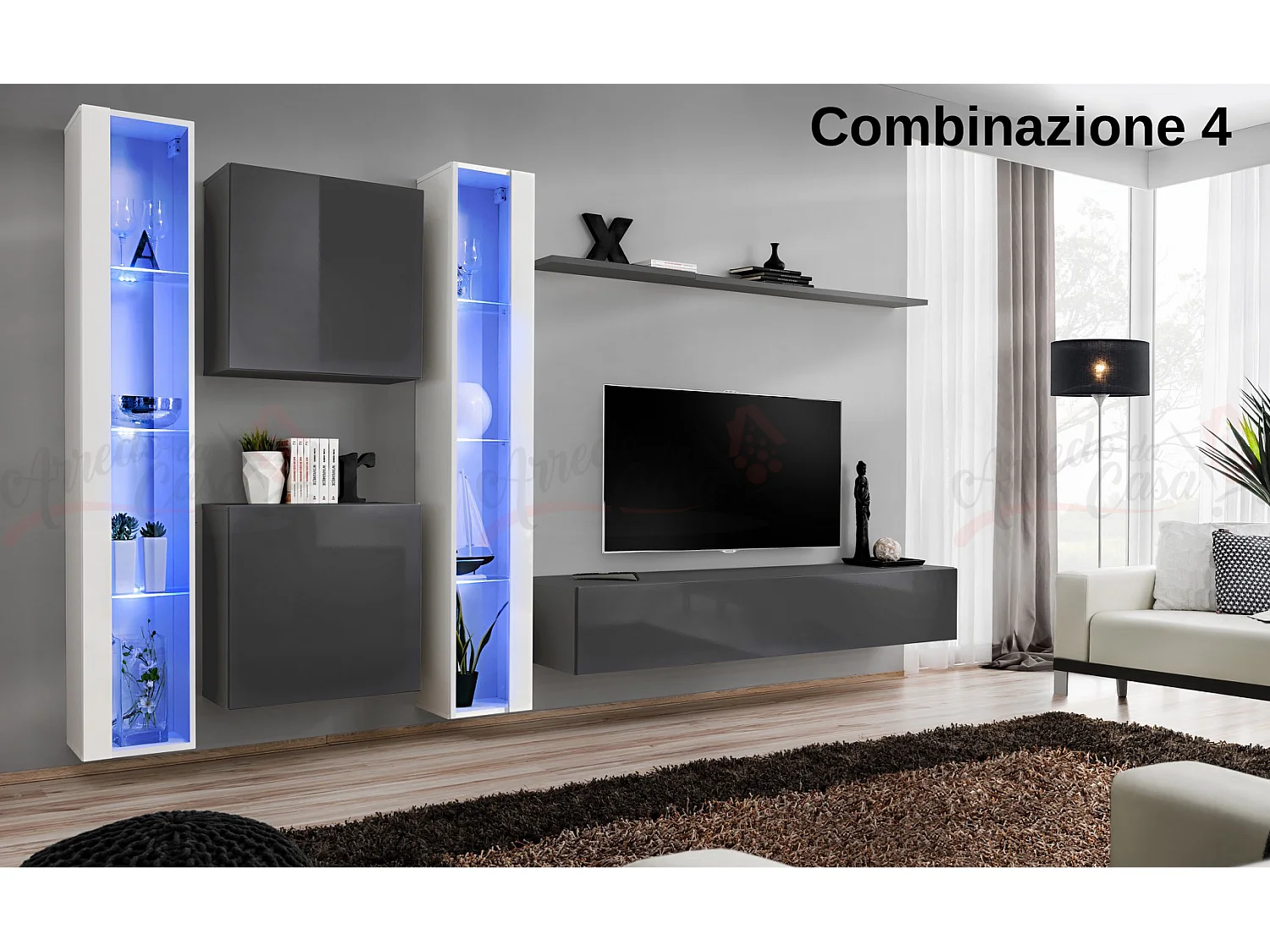 Parete attrezzata moderna da soggiorno con illuminazione led 330x180 bianco e grigio PAP60