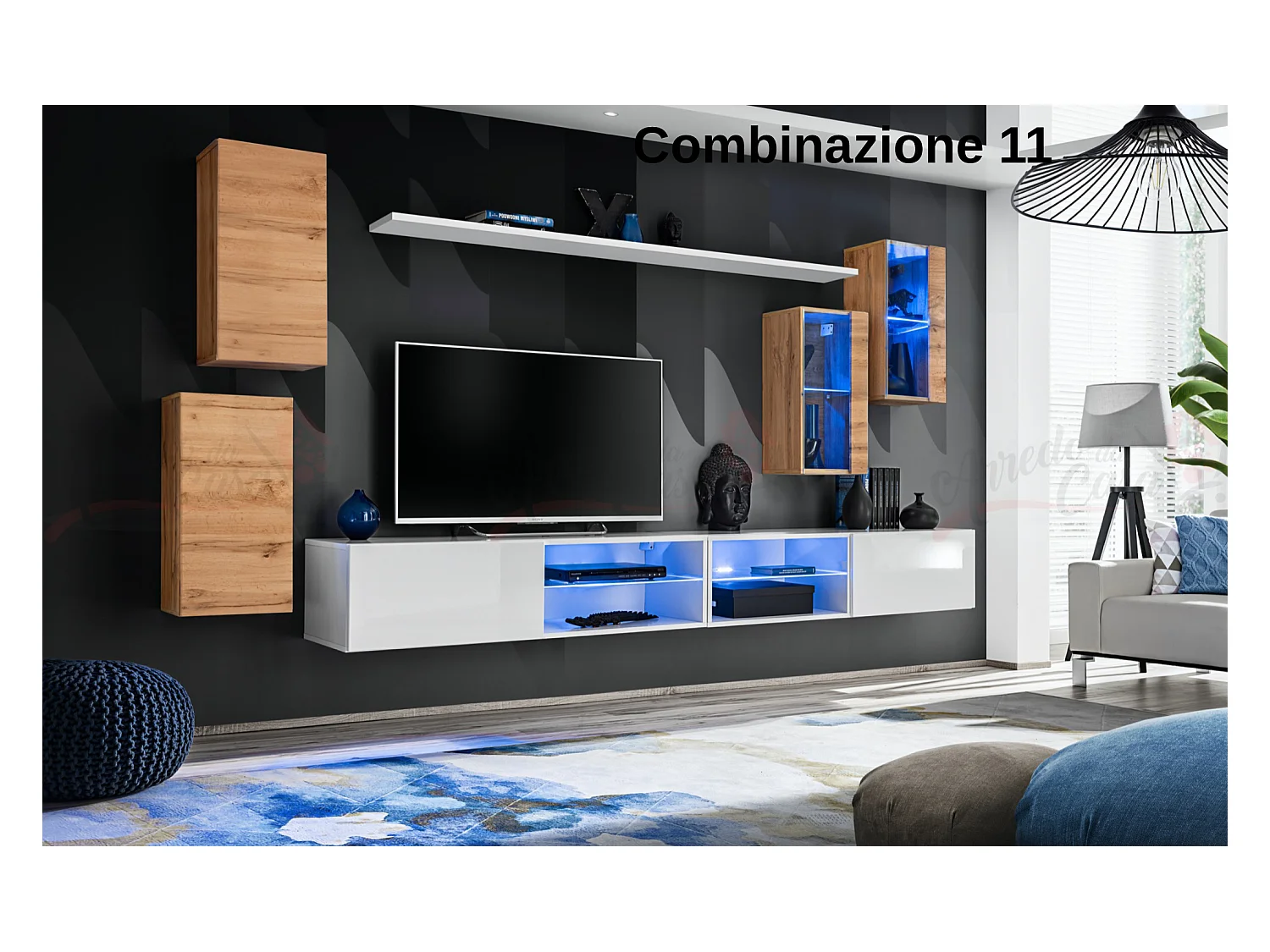 Parete attrezzata da soggiorno moderna con luci led 280x140 rovere e bianco PAP71