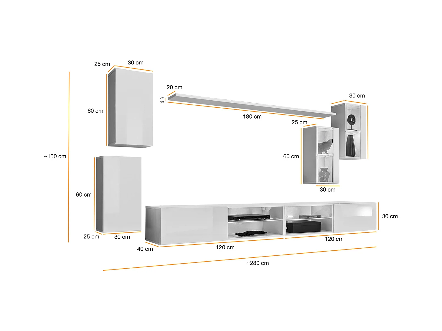 Parete attrezzata da soggiorno moderna con luci led 280x140 rovere e bianco PAP71