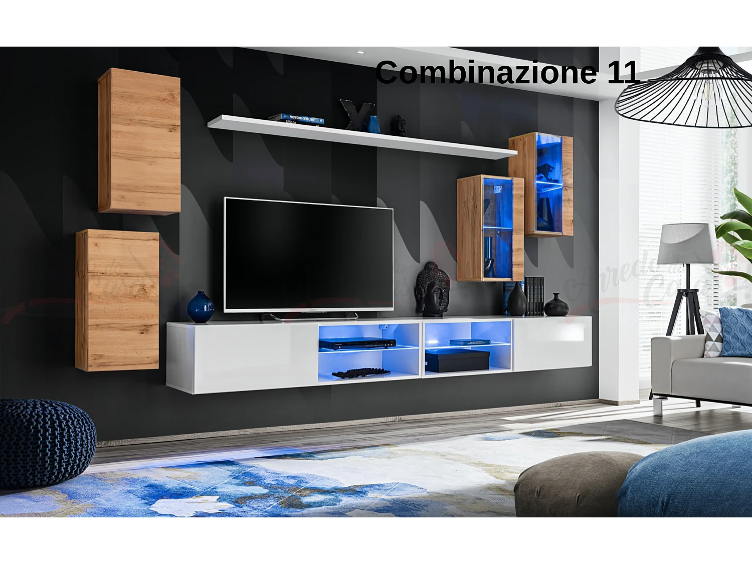 Parete attrezzata da soggiorno moderna con luci led 280x140 rovere e bianco PAP71