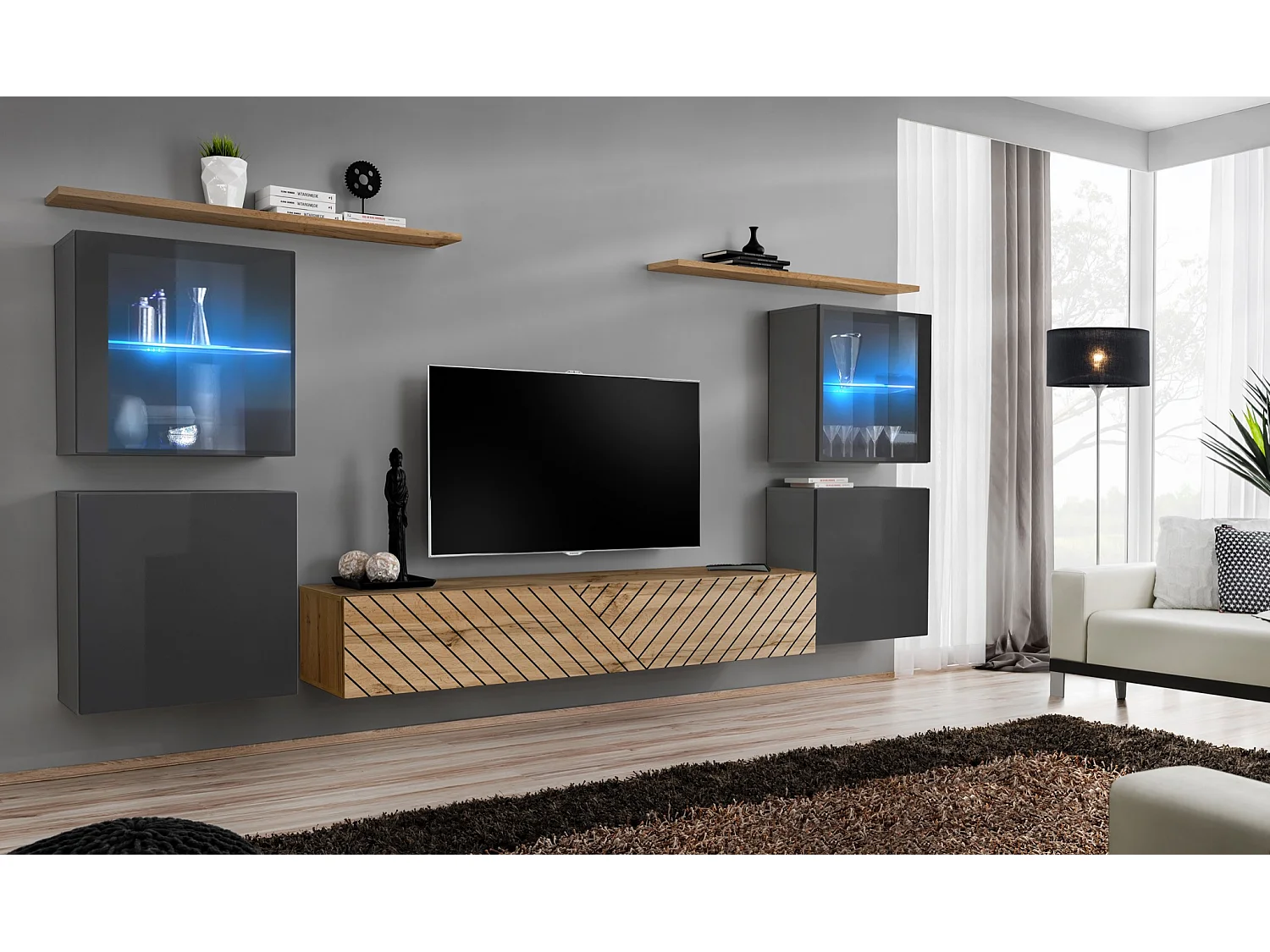 Parete attrezzata moderna con vetrine illuminate a led 320x150 grigio e rovere PAP58