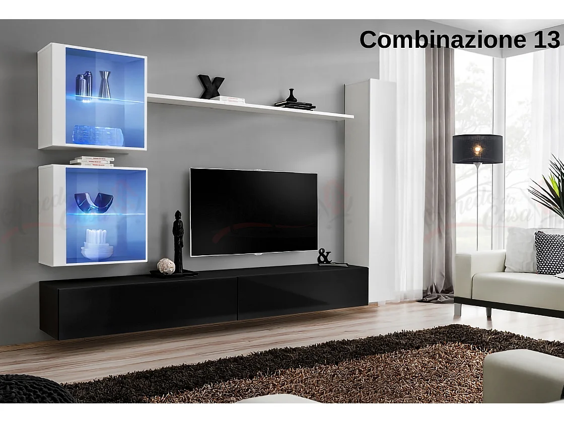 Parete attrezzata moderna per soggiorno con luci led 280x180 bianco e nero PAP62