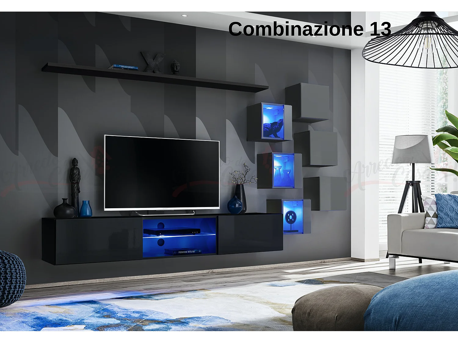 Parete attrezzata soggiorno con mobile TV sospeso 260x150 nero e grigio PAP67