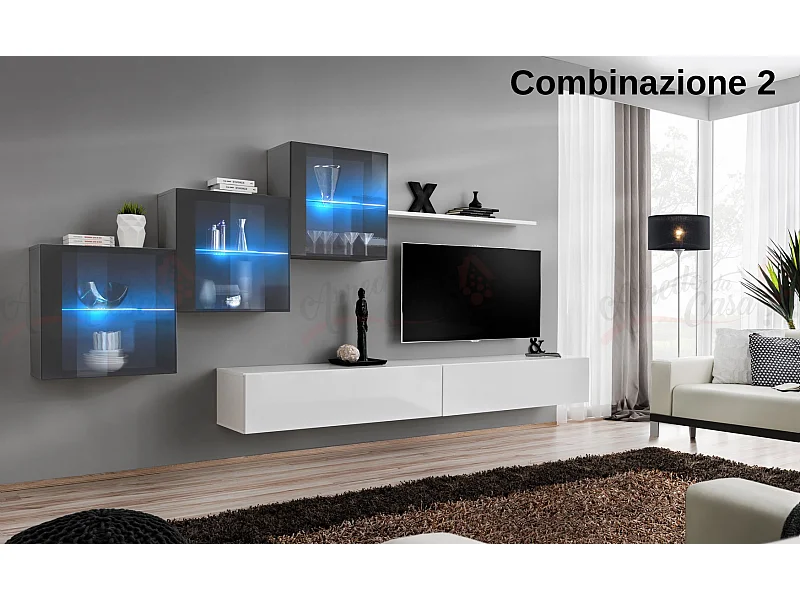 Parete attrezzata sospesa design contemporaneo con led 330x160 grigio e bianco PAP65