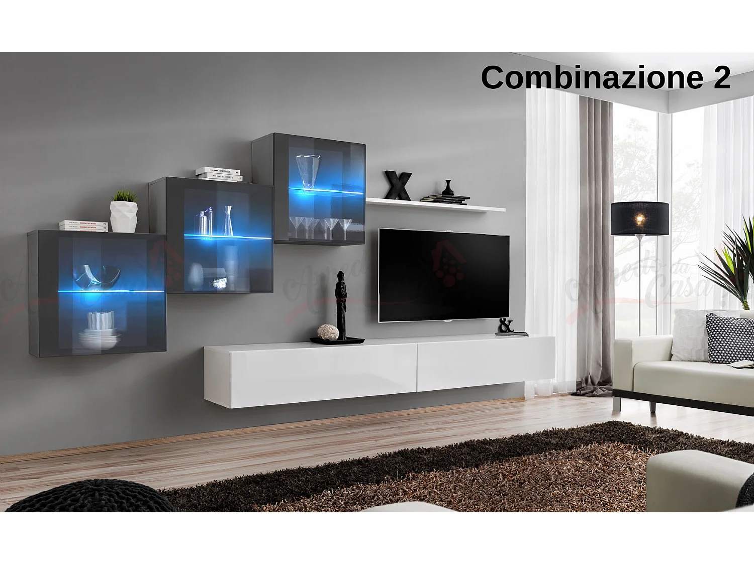 Parete attrezzata sospesa design contemporaneo con led 330x160 grigio e bianco PAP65