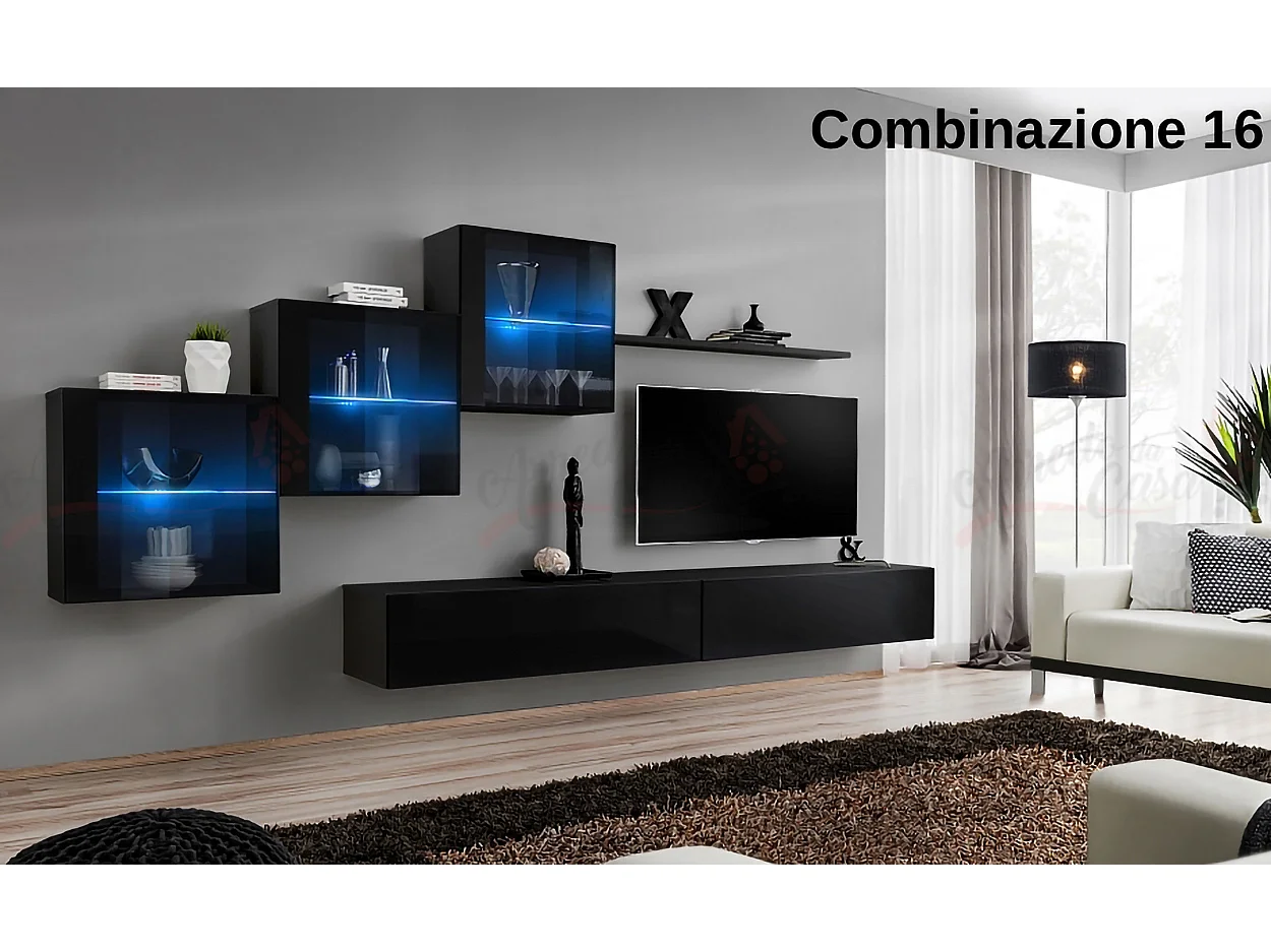 Parete attrezzata sospesa design contemporaneo con led 330x160 nero PAP65