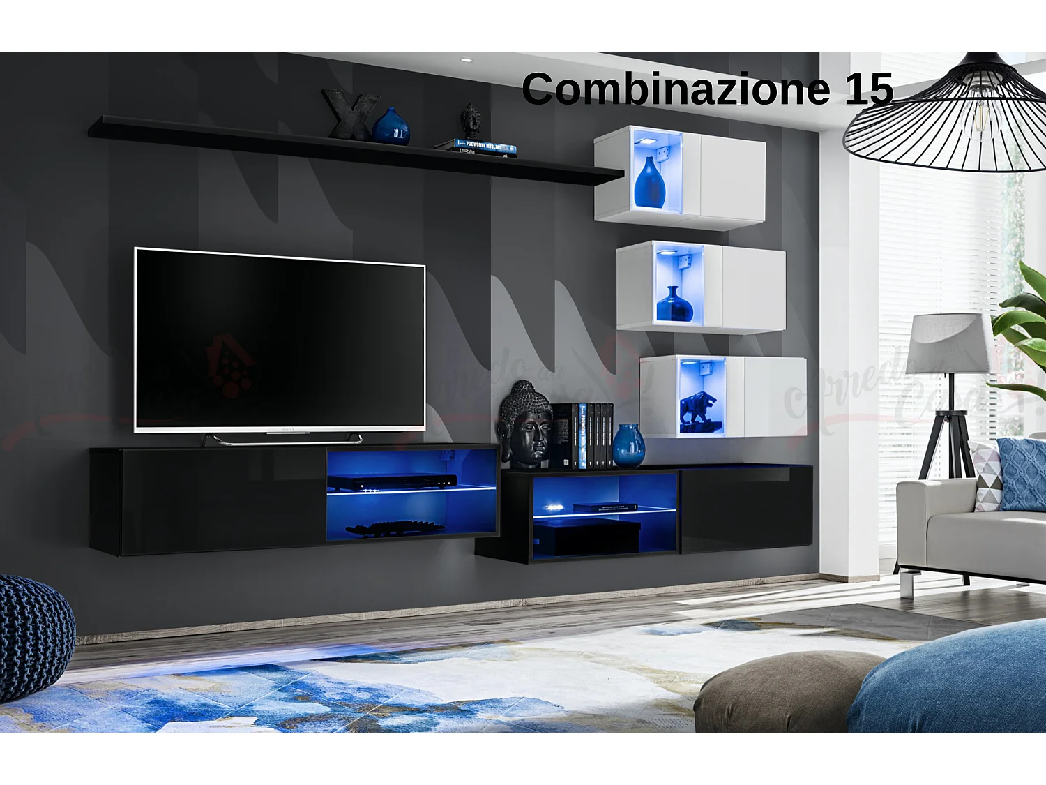 Parete attrezzata per soggiorno con vetrinette e luci led 260x170 nero e bianco PAP70