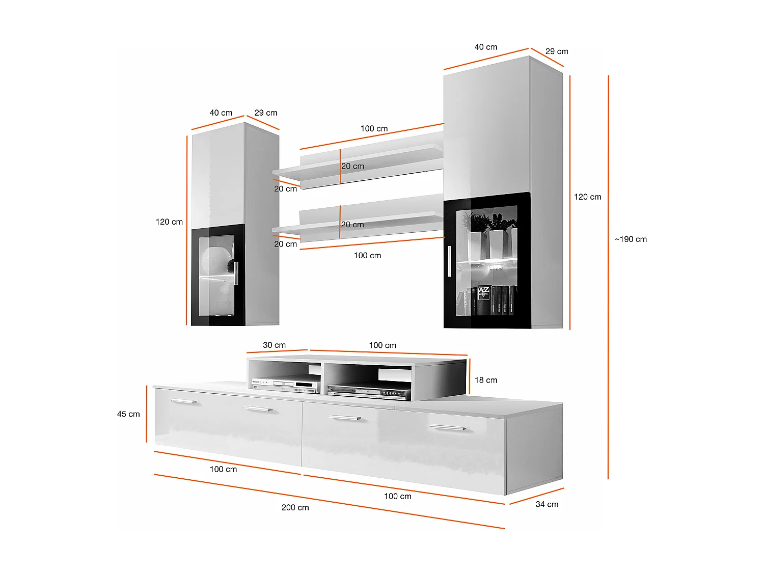 parete attrezzata per soggiorno con vetrine illuminate PAP25 200x190 bianco e nero