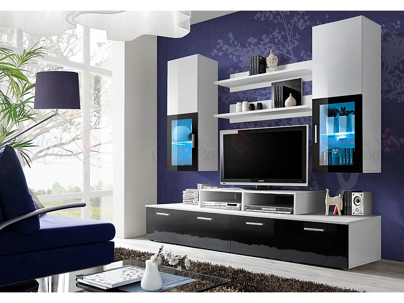 parete attrezzata per soggiorno con vetrine illuminate PAP25 200x190 bianco e nero