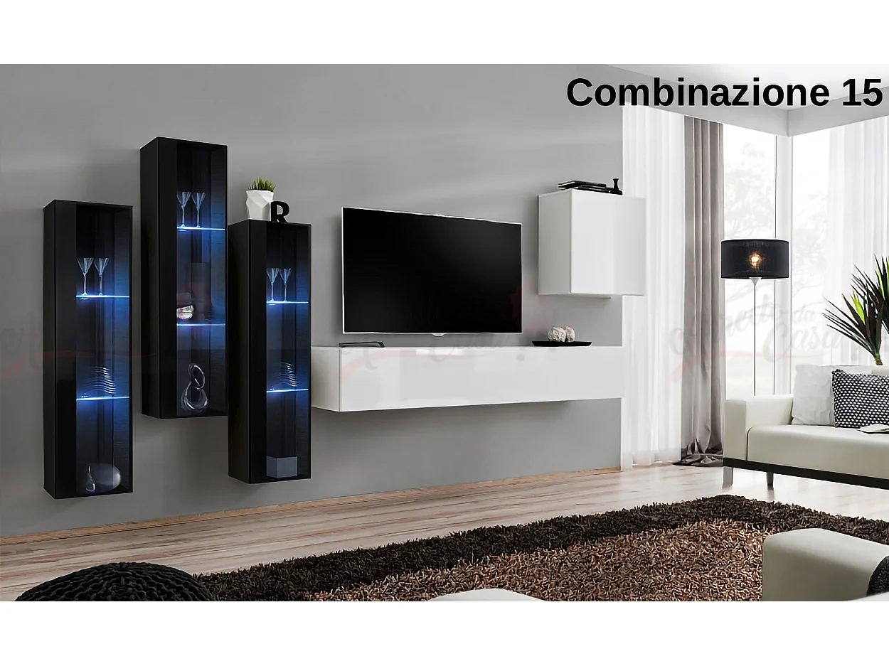 Parete attrezzata da soggiorno con luci LED 270x160 nero e bianco PAP57