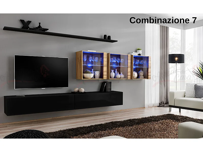 Parete attrezzata design moderno con vetrina 340x150 nero e rovere PAP61