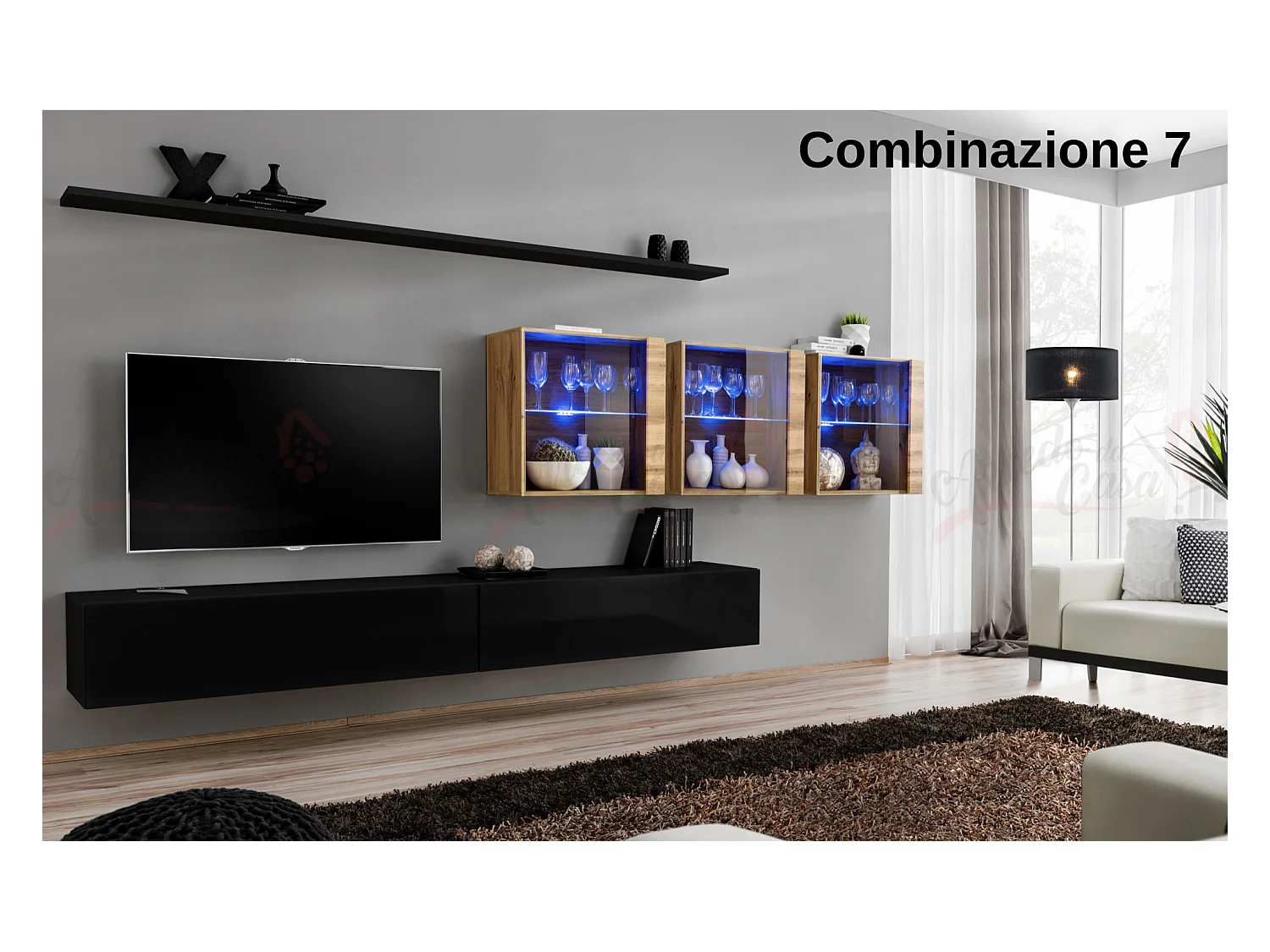 Parete attrezzata design moderno con vetrina 340x150 nero e rovere PAP61