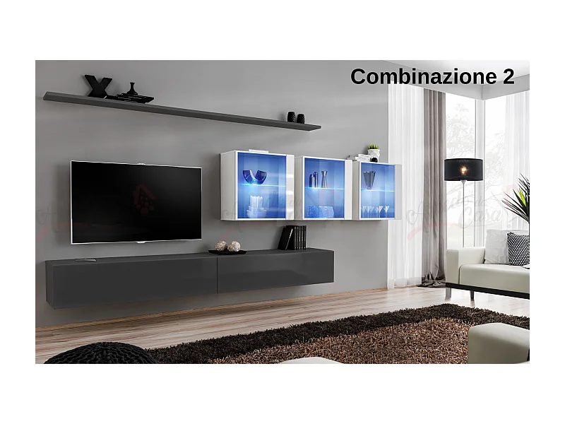 Parete attrezzata design moderno con vetrina 340x150 grigio e bianco PAP61