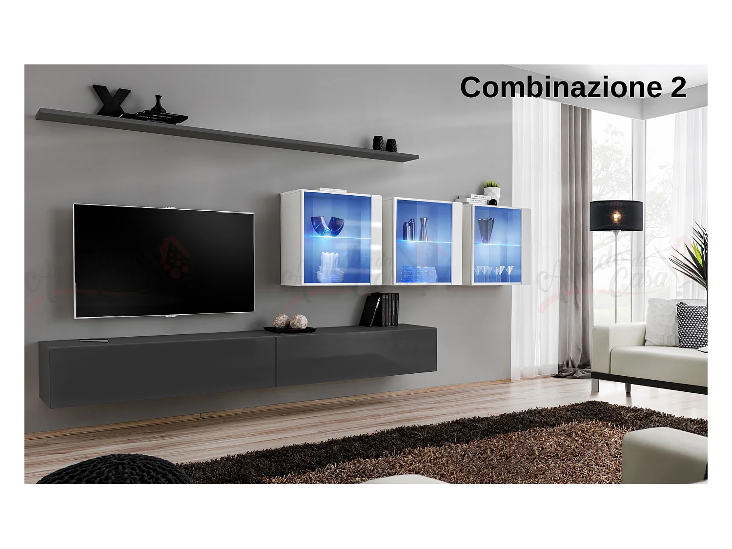 Parete attrezzata design moderno con vetrina 340x150 grigio e bianco PAP61