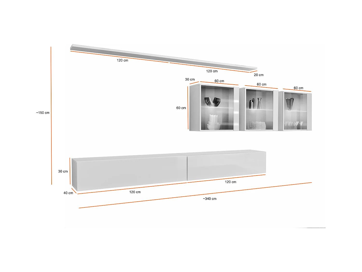 Parete attrezzata design moderno con vetrina 340x150 grigio e bianco PAP61