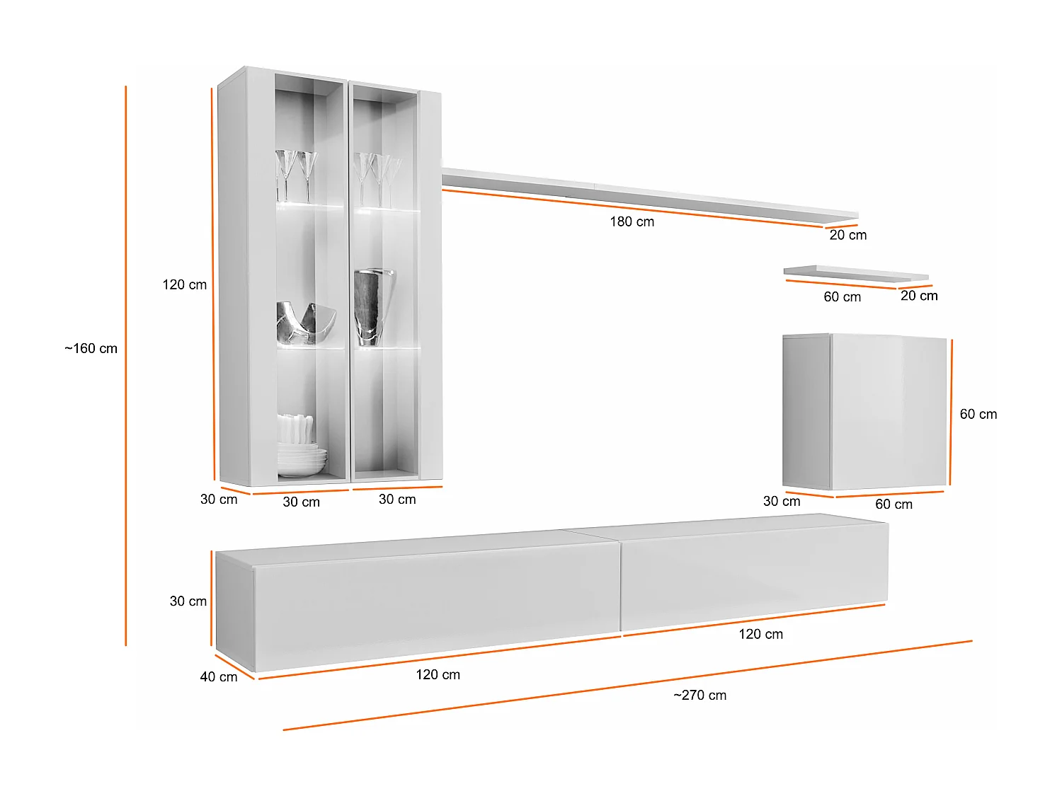 Parete attrezzata per soggiorno con luci LED 270x160 bianco e rovere PAP56