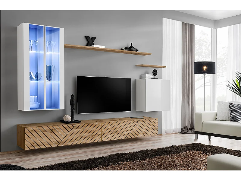 Parete attrezzata per soggiorno con luci LED 270x160 bianco e rovere PAP56