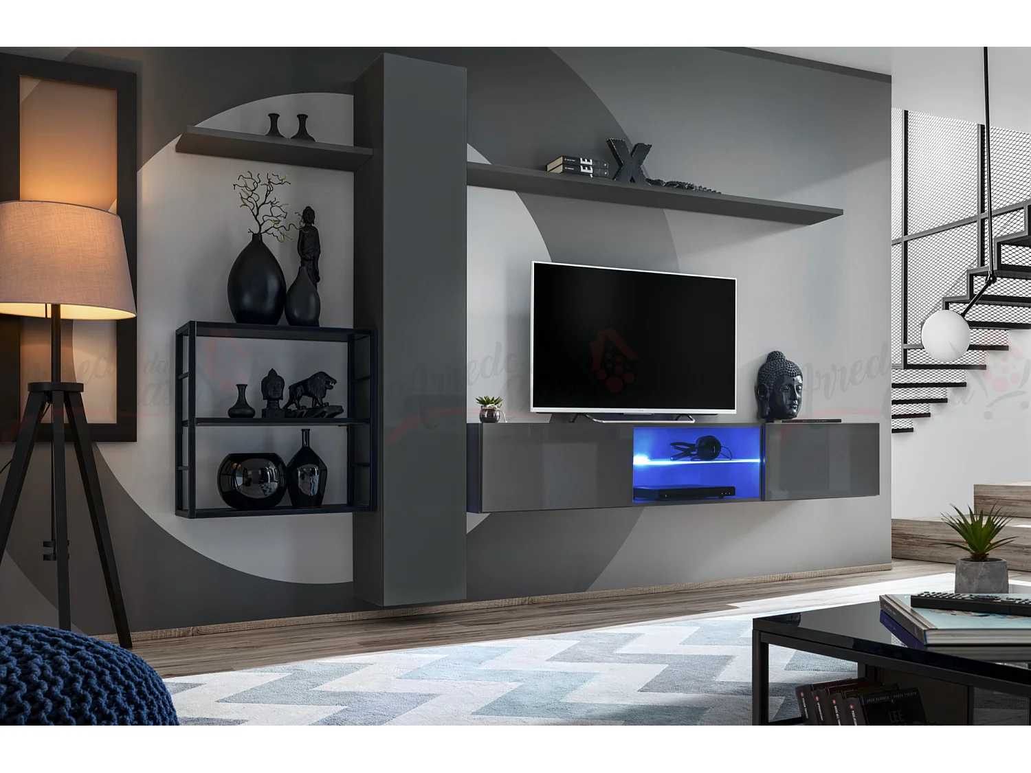 Parete attrezzata soggiorno con illuminazione led 180x270 grigio PAP77